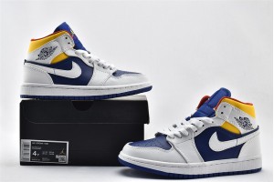 Air Jordan 1 Mid Blue White Yellow 554724 131 Womens And Mens Shoes  